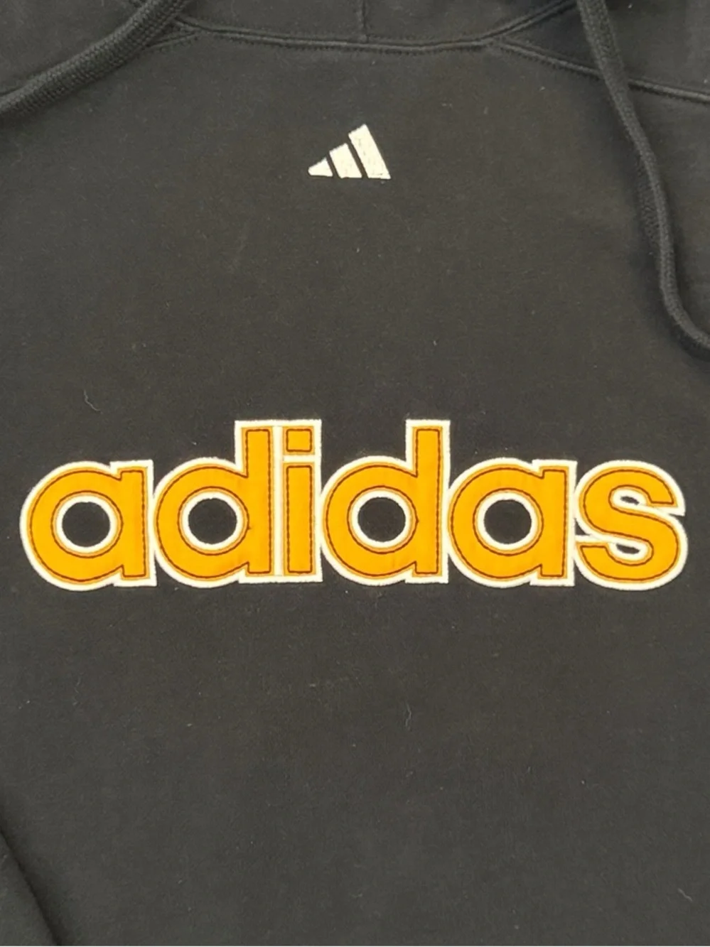 Vintage Y2K Adidas Center Spellout Logo Hoodie Black Yellow Size XL Heavyweight